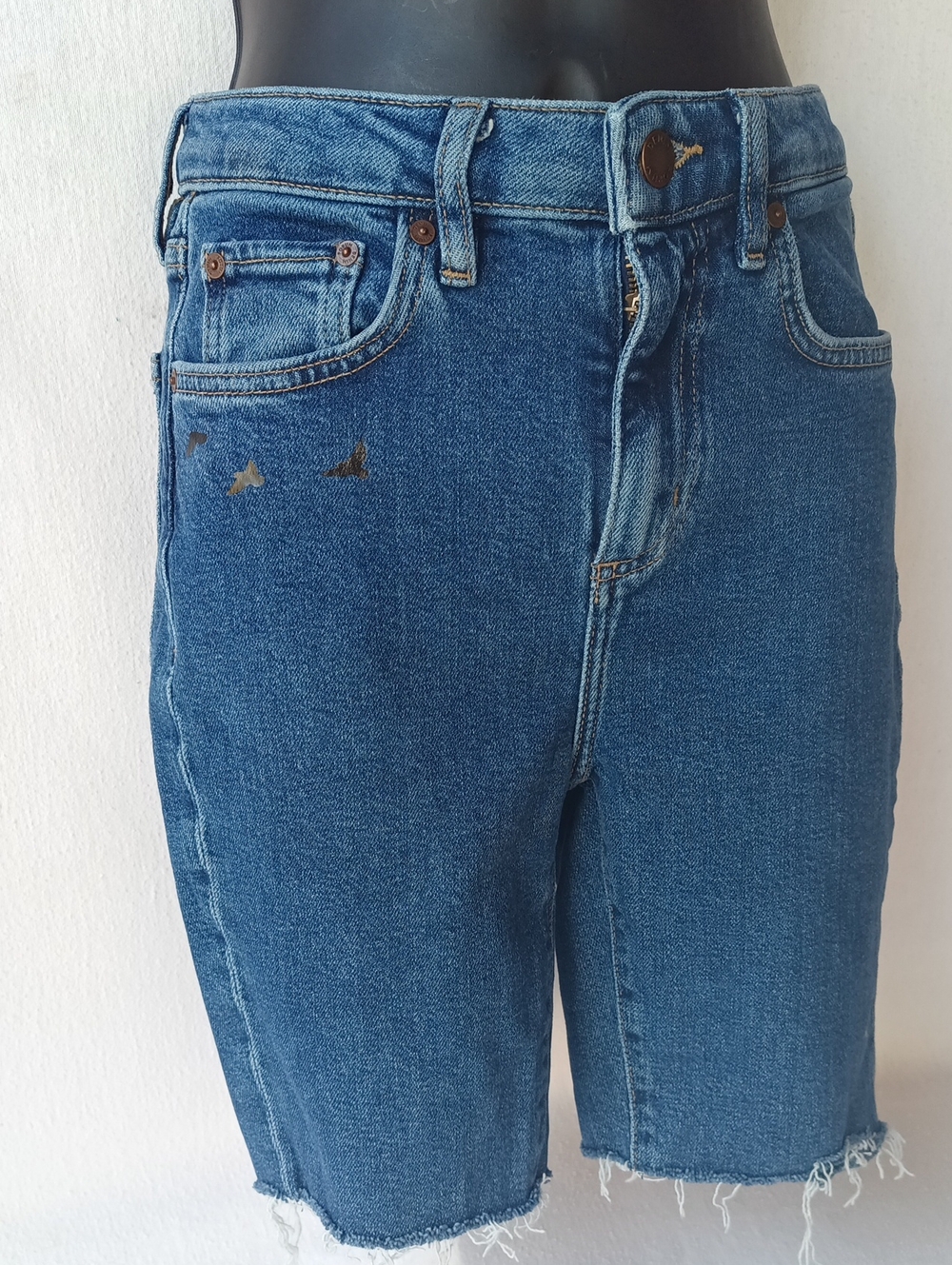 Aritzia- Denim Forum Blue High-Rise Bermuda Jean Shorts W Subtle Bird Graphics